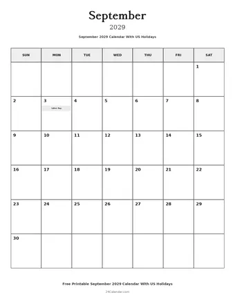 September 2029 Calendars With US Holidays