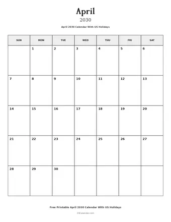 April 2030 Calendars With US Holidays