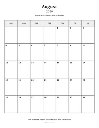 August 2030 Calendars With US Holidays