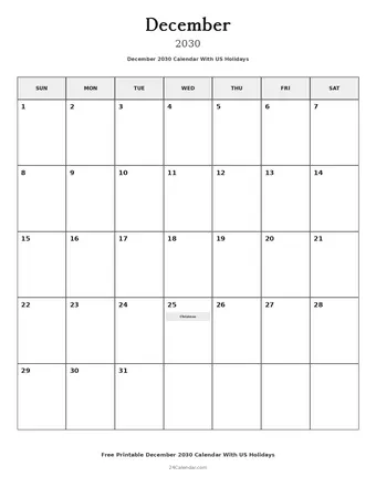 December 2030 Calendars With US Holidays