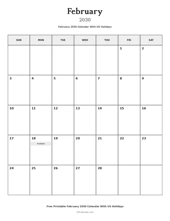 February 2030 Calendars With US Holidays