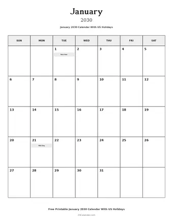 January 2030 Calendars With US Holidays
