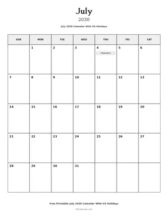 July 2030 Calendars With US Holidays