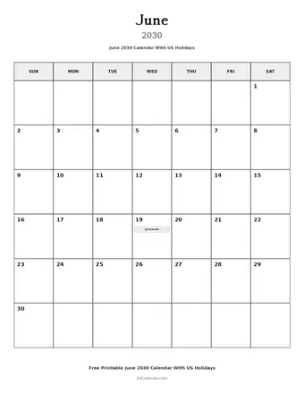 June 2030 Calendars With US Holidays