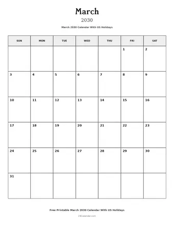 March 2030 Calendars With US Holidays