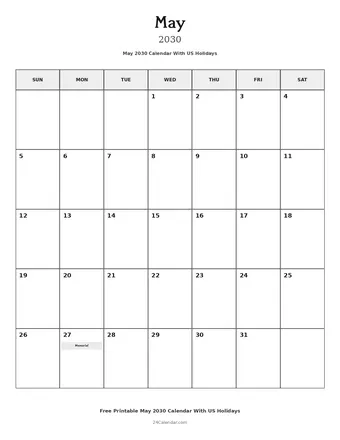 May 2030 Calendars With US Holidays