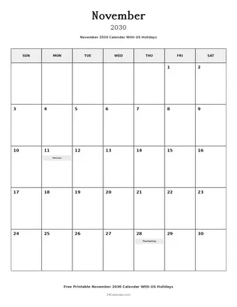 November 2030 Calendars With US Holidays