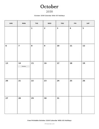 October 2030 Calendars With US Holidays