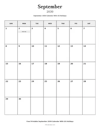 September 2030 Calendars With US Holidays