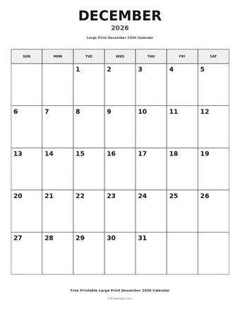 December 2026 Large Print Calendars