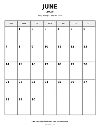 June 2026 Large Print Calendars