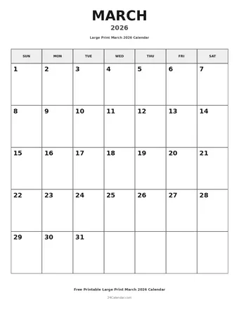 March 2026 Large Print Calendars