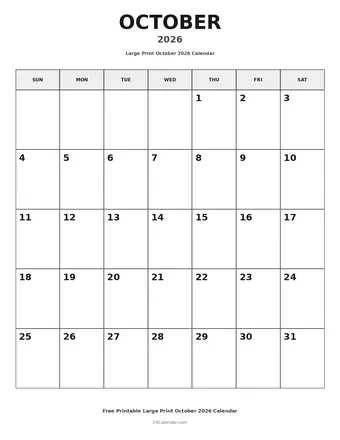 October 2026 Large Print Calendars
