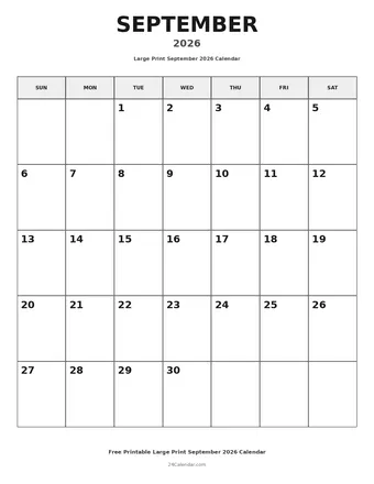 September 2026 Large Print Calendars