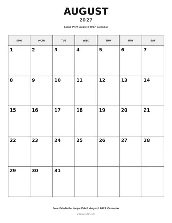 August 2027 Large Print Calendars