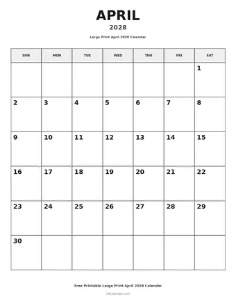 April 2028 Large Print Calendars