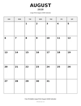 August 2028 Large Print Calendars
