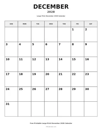 December 2028 Large Print Calendars