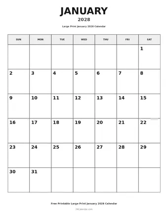January 2028 Large Print Calendars
