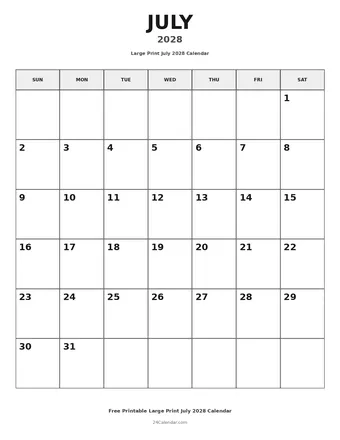 July 2028 Large Print Calendars