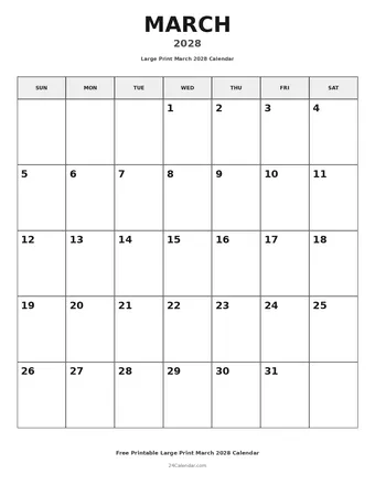March 2028 Large Print Calendars