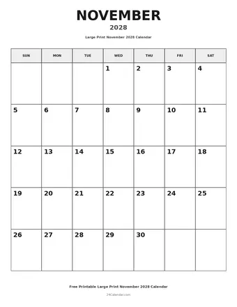 November 2028 Large Print Calendars
