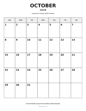 October 2028 Large Print Calendars