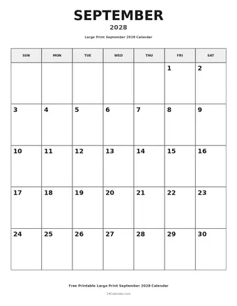 September 2028 Large Print Calendars