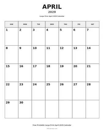 April 2029 Large Print Calendars