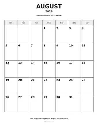 August 2029 Large Print Calendars