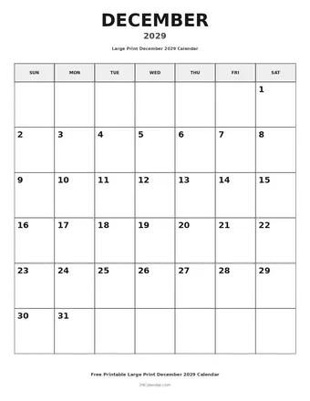 December 2029 Large Print Calendars
