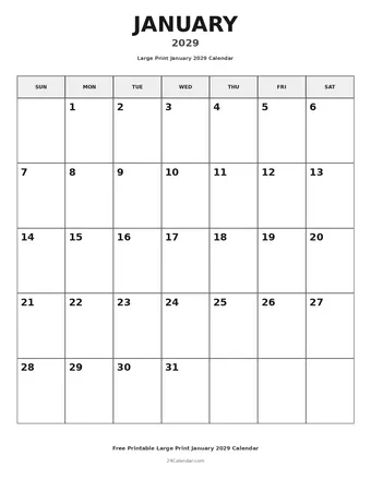January 2029 Large Print Calendars