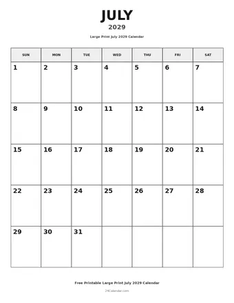 July 2029 Large Print Calendars