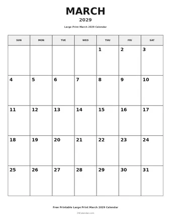 March 2029 Large Print Calendars