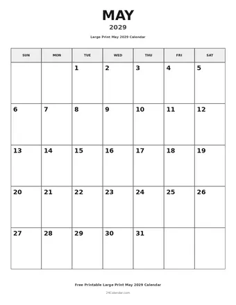 May 2029 Large Print Calendars