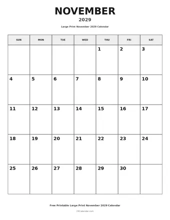 November 2029 Large Print Calendars