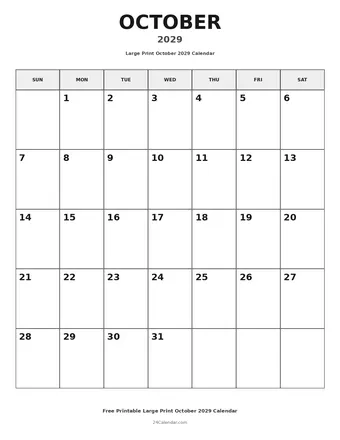 October 2029 Large Print Calendars