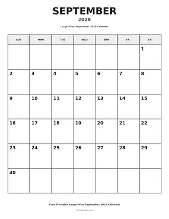 September 2029 Large Print Calendars
