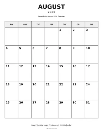 August 2030 Large Print Calendars