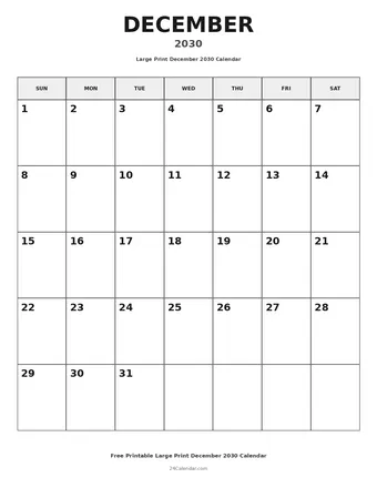 December 2030 Large Print Calendars