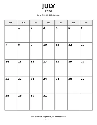 July 2030 Large Print Calendars