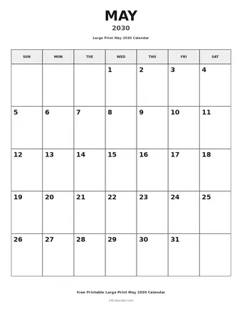 May 2030 Large Print Calendars