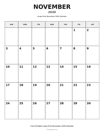 November 2030 Large Print Calendars