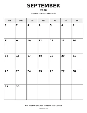 September 2030 Large Print Calendars