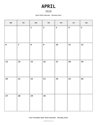 April 2026 Monday Start Calendars