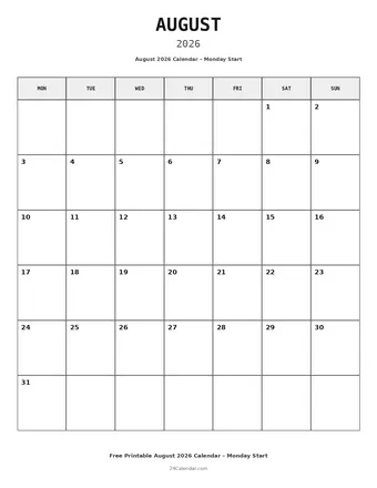 August 2026 Monday Start Calendars
