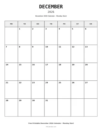 December 2026 Monday Start Calendars