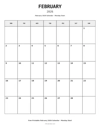 February 2026 Monday Start Calendars