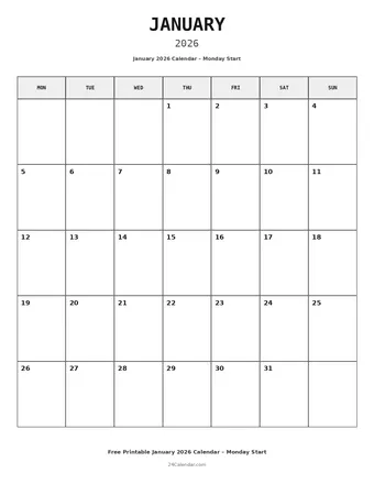 January 2026 Monday Start Calendars