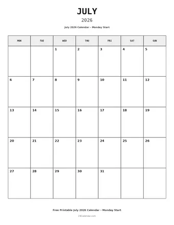 July 2026 Monday Start Calendars